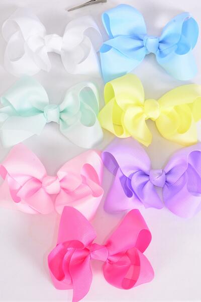 Hair Bow Large Pastel Grosgrain Bow-tie / 12 pcs Bow = Dozen  Alligator Clip , Size - 4" x 3" Wide , 2 White , 2 Yellow , 2 Blue , 2 Hot Pink , 2 Lavender , 1 Pink , 1 Mint Color Asst , Clip Strip & UPC Code