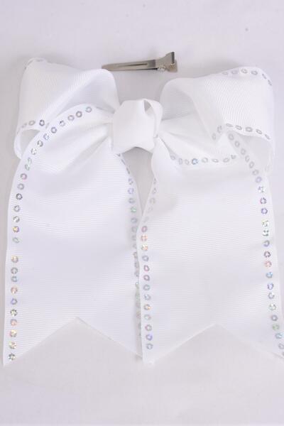 Hair Bow Extra Jumbo Long Tail Cheer Bow Type Sequin Trim Grosgrain Bow-tie White / 12 pcs Bow = Dozen White , Alligator Clip , Size - 6.5" x 6" Wide , Clip Strip & UPC Code