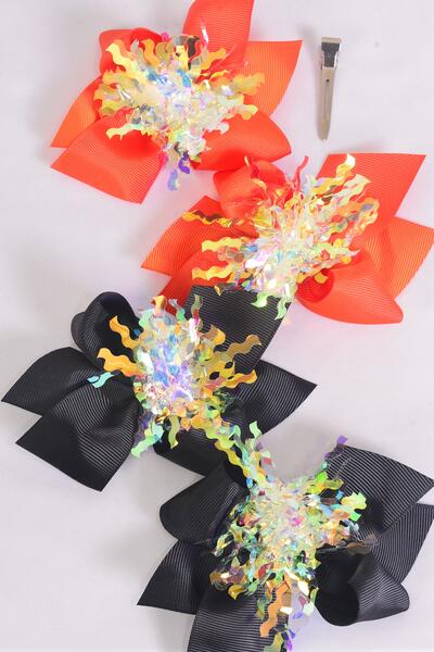 Hair Bow 24 pcs Iridescent Black Orange Mix Grosgrain Bow-tie / 24 pcs Bow = Dozen  Alligator Clip , Size - 3.5" x 3" Wide , 6 Black , 6 Autumn Orange Mix , Clip Strip & UPC Code .