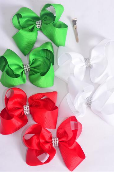 Hair Bow 24 pcs Center Clear Stones XMAS Grosgrain Bow-tie / 24 pcs Bow = Dozen  Christmas , Alligator Clip , Size - 4" x 3" Wide , 4 of each Color Asst , Clip Strip & UPC Code