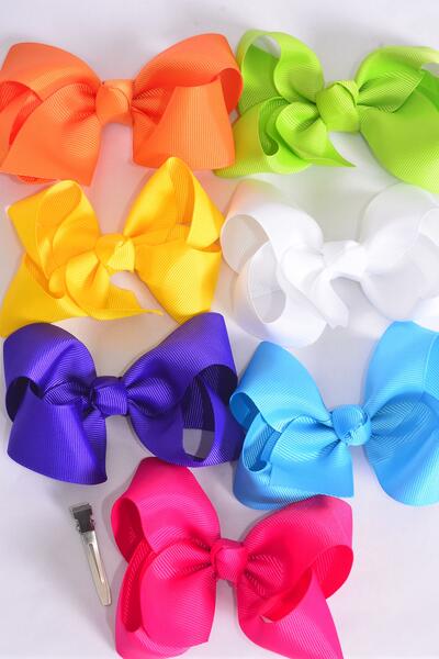 Hair Bow Large Citrus Grosgrain Bow-tie / 12 pcs Bow = Dozen Alligator Clip , Size - 4" x 3" Wide , 2 White , 2 Hot Pink , 2 Blue , 2 Purple , 2 Yellow , 1 Orange , 1 Lime Color Asst , Clip Strip & UPC Code