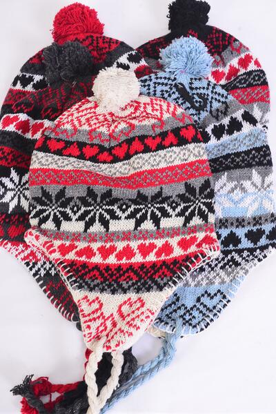 Hat Winter Knit Hat Snowflake Fleece Inside / 12 pcs = Dozen Colors - 3 Red , 3 Black , 2 Beige , 2 Blue , 2 Gray Color Asst , OPP Bag and UPC Code