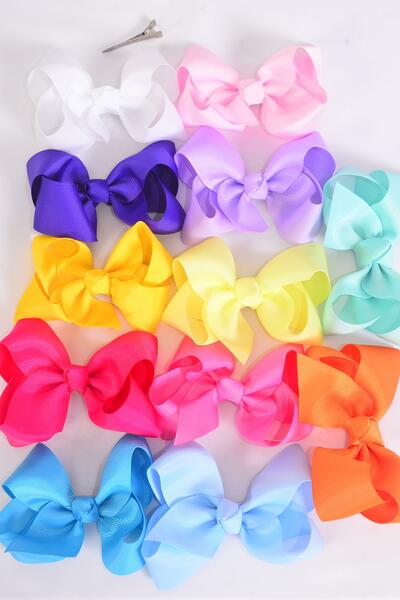 Hair Bow Large Rainbow Grosgrain Bow-tie / 12 pcs Bow = Dozen  Rainbow Color Asst , Alligator Clip , Size - 4" x 3", 12 Color Pre Asst , Clip Strip & UPC Code