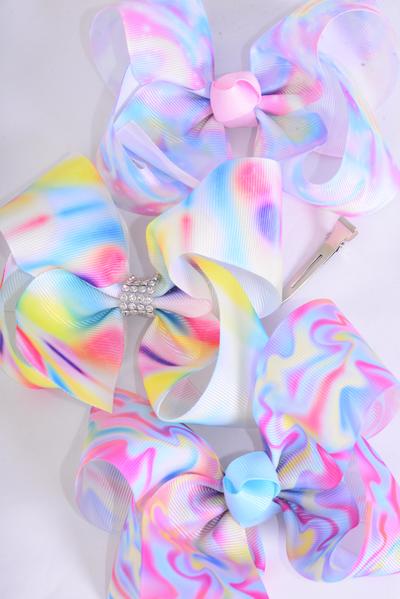 Hair Bow Jumbo Northern Light Tiedye Water Color Grosgrain Bow-tie / 12 pcs Bow = Dozen Alligator Clip , Size - 6" x 5" Wide , 4 OF Each Pattern Asst , Clip Strip and UPC Code