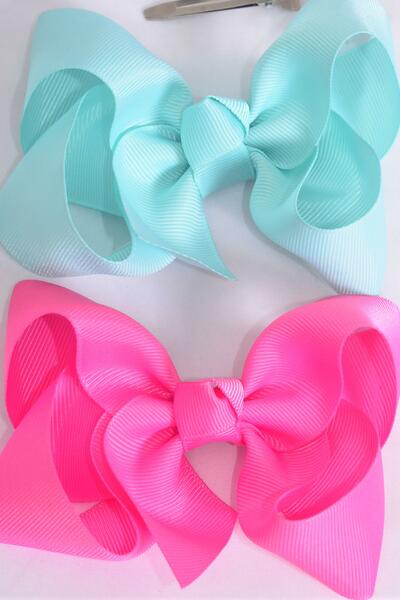 Hair Bow Large Hot Pink Mint Green Mix Grosgrain Bow-tie / 12 pcs Bow = Dozen Alligator Clip , Size - 4" x 3" Wide , 6 Hot Pink , 6 Mint Green Color Asst , Clip Strip & UPC Code