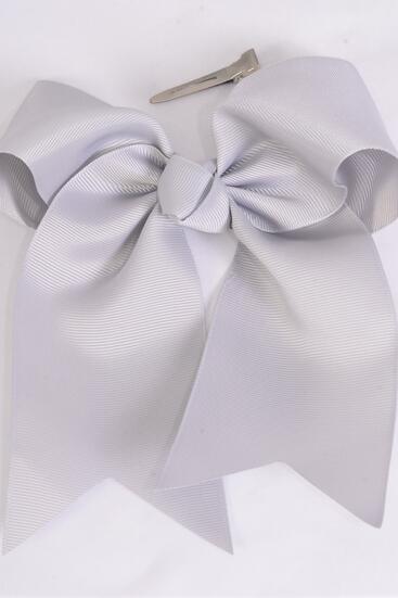 Hair Bow Extra Jumbo Long Tail Cheer Type Bow Gray Grosgrain Bow-tie / 12 pcs Bow = Dozen Gray , Alligator Clip , Size - 6.5" x 6" Wide , Clip Strip & UPC Code