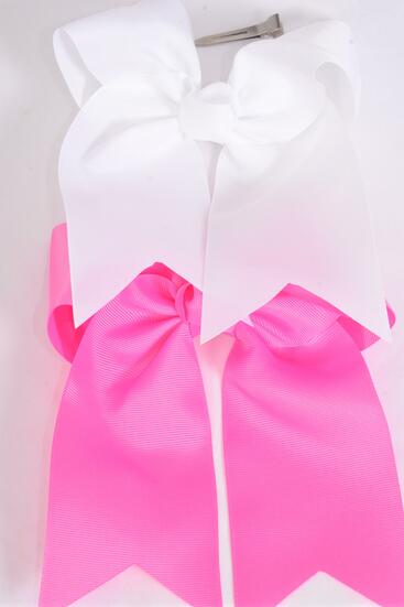 Hair Bow Extra Jumbo Long Tail Cheer Type Bow Hot Pink & White Grosgrain Bow-tie / 12 pcs Bow = Dozen Alligator Clip , Size-6.5"x 6" Wide , 6 White , 6 Hot Pink Color Asst , Clip Strip & UPC Code