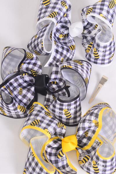 Hair Bow Jumbo Honey Bee Plaid / 12 pcs Bow = Dozen Bee , Alligator Clip , Size - 6" x 5" Wide , 4 Of each Pattern Asst , Clip Strip & UPC Code