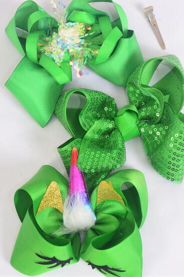 Hair Bow Jumbo Enchanted Christmas Green Sequin Unicorn Mix Grosgrain Bow-tie / 12 pcs Bow = Dozen Alligator Clip , Bow Size - 6" x 5" Wide , 4 of each Pattern Asst , Clip Strip & UPC Code