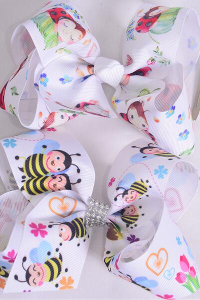 Hair Bow Jumbo Honey Bee Ladybug Mix Grosgrain Bow-tie / 12 pcs Bow = Dozen Alligator Clip , Size - 6" x 5" Wide , 6 Of each Pattern Asst , Clip Strip and UPC Code