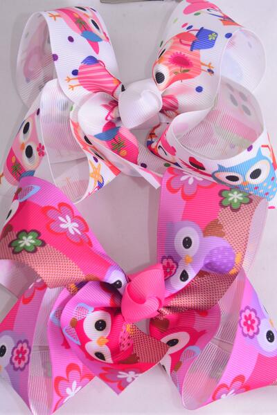 Hair Bow Jumbo Cute Owl Grosgrain Bow-tie / 12 pcs Bow = Dozen Alligator Clip , Size - 6" x 5" Wide , 6 Of Each Pattern Asst , Clip Strip & UPC Code