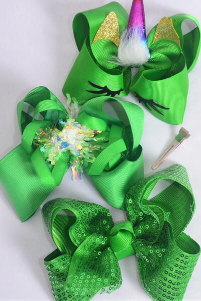 Hair Bow Jumbo XMAS Enchanted Christmas Green Sequin Unicorn Mix Grosgrain Bow-tie / 12 pcs Bow = Dozen Alligator Clip , Bow Size - 6" x 5" Wide , 4 of each Pattern Asst , Clip Strip & UPC Code