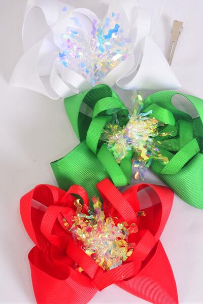 Hair Bow Jumbo XMAS Iridescent Grosgrain Bow-tie / 12 pcs Bow = Dozen Christmas , Alligator Clip , Bow-6"x 6" Wide , 4 Of each Color Asst , Clip Strip & UPC Code