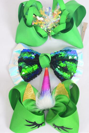 Hair Bow Jumbo XMAS Enchanted Christmas Green Mix Grosgrain Bow-tie / 12 pcs Bow = Dozen Alligator Clip , Bow Size - 6" x 5" Wide ,  4 of each Pattern Asst , Clip Strip & UPC Code