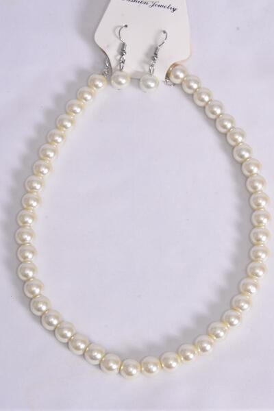 Necklace Sets 12 mm Glass Pearls Beige Cream / 12 pcs = Dozen Beige Cream , Size -18" Extension Chain , Hang Tag & OPP Bag & UPC Code