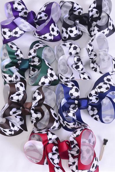 Hair Bow Jumbo Soccer Dark Multi Grosgrain Bow-tie / 12 pcs Bow = Dozen  Alligator Clip , Size - 6"x 5" Wide , 2 Black , 2 Brown , 2 Purple , 2 Burgundy , 2 Navy , 1 Hunter Green , 1 Gray Color Asst , Clip Strip & UPC Code.