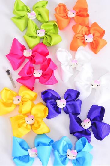 Hair Bow 24 pcs Cute Kitty Charm Multi Grosgrain Bow-tie / 12 pair Bow = Dozen Alligator Clip , Size - 3.5" x 3" Wide , 2 Fuchsia , 2 Blue , 2 White , 2 Purple , 2 Yellow , 1 Orange , 1 Lime Color Asst , Clip Strip & UPC Code