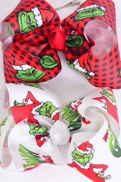 Hair Bow Jumbo Christmas Grinch Mix Grosgrain Bow-tie / 12 pcs Bow = Dozen match 01012  Grinch , Alligator Clip , Size - 6" x 5" Wide , 6 Of Each Pattern Asst , Clip Strip & UPC Code