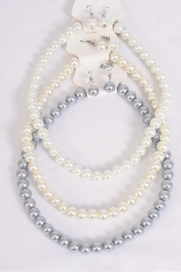 Necklace Sets 10 mm Glass Pearls White Cream Gray Mix /  12 pcs = Dozen Size -18" Extension Chain , Earring -10 mm , 4 White , 4 Cream , 4 Gray Color Asst , Hang Tag & OPP Bag & UPC Code