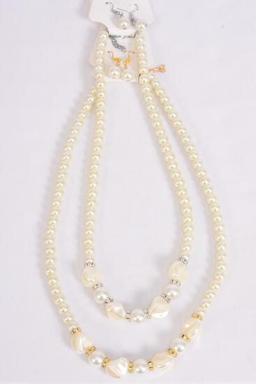 Necklace Sets Glass Pearls Center Mix Shape Pearls /  12 pcs = Dozen 20" Long Extension Chain , 6 White , 6 Beige Cream Asst , Hang Tag & Opp Bag & UPC Code