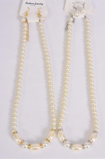 Necklace Sets Glass Pearls Center Oval Pearls /  12 pcs = Dozen 20" Long Extension Chain , 6 White , 6 Beige Cream Asst , Hang Tag & Opp Bag & UPC Code