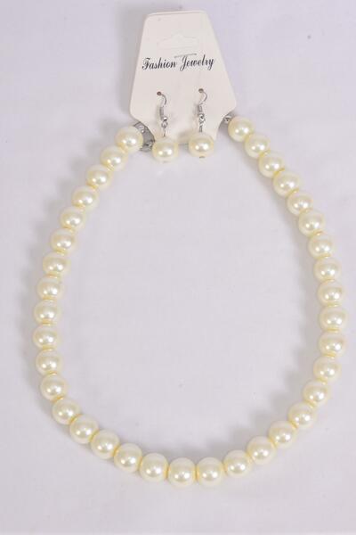 Necklace Sets 12 mm Glass Pearls Beige Cream / 12 pcs = Dozen Beige Cream , Size -18" Extension Chain , Hang Tag & OPP Bag & UPC Code