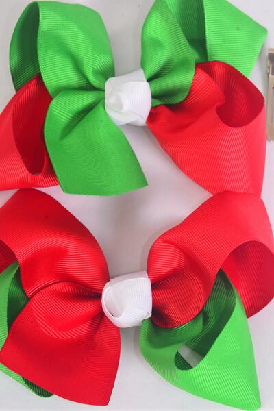 Hair Bow Jumbo Christmas Tritone Grosgrain Bow-tie / 12 pc Bow = Dozen Alligator Clip , Size - 6" x 5" Wide , 6 of each Pattern Asst ,Clip Strip & UPC Code