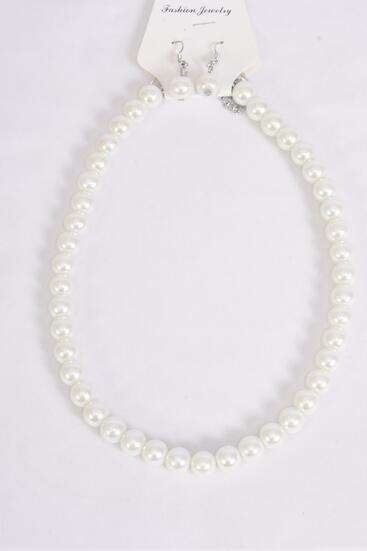 Necklace Sets 10 mm Glass Pearls White / 12 pcs = Dozen White Pearl , Size -18" Extension Chain , Hang Tag & OPP Bag & UPC Code