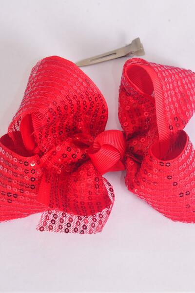 Hair Bow Jumbo Sequin Double Layered Grosgrain Bow-tie Red / 12 pcs Bow = Dozen Red , Alligator Clip , Size - 6"x 5" Wide , Clip Strip & UPC Code