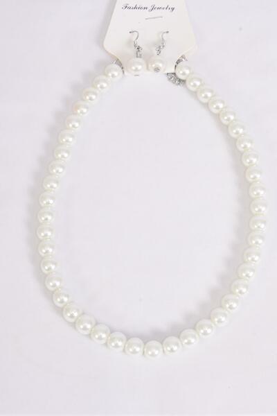 Necklace Sets 10 mm Glass Pearls White / 12 pcs = Dozen White Pearl , Size -18" Extension Chain , Hang Tag & OPP Bag & UPC Code