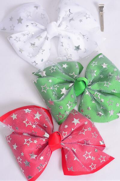 Hair Bow Jumbo Christmas Double Layered Metallic Stars Grosgrain Bowtie Red White Green Mix / 12 pcs Bow = Dozen  Christmas , Alligator Clip , Size - 6" x 5" Wide , 4 of each Pattern Asst , Clip Strip & UPC Code