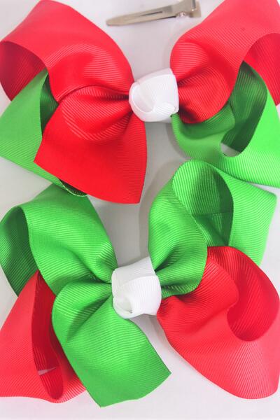 Hair Bow Jumbo Christmas Tritone Grosgrain Bow-tie / 12 pc Bow = Dozen Alligator Clip , Size - 6" x 5" Wide , 6 of each Pattern Asst ,Clip Strip & UPC Code