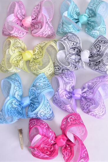 Hair Bow Jumbo Bandana Paisley Grosgrain Bow-tie Pastel / 12 pcs bow = Dozen Alligator Clip , Size - 6" x 5" Wide , 2 White , 2 Pink , 2 Lavender , 2 Hot Pink , 2 Mint ,1 Blue ,1 Yellow Color Asst , Clip Strip and UPC Code