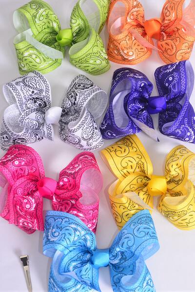 Hair Bow Jumbo Bandana Paisley Grosgrain Bow-tie Citrus / 12 pcs Bow = Dozen Alligator Clip , Size - 6" x 5" Wide , 2 Fuchsia , 2 Blue , 2 Yellow , 2 Purple , 2 White , 1 Lime , 1 Orange Color Mix , Clip Strip and UPC Code