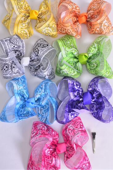 Hair Bow Jumbo Bandana Paisley Gradient Tiedye Grosgrain Bow-tie / 12 pcs Bow = Dozen Alligator Clip , Size -  6" x 5" Wide , 2 Fuchsia , 2 Blue , 2 Yellow , 2 Purple , 2 White , 1 Lime , 1 Orange Color Mix , Clip Strip and UPC Code