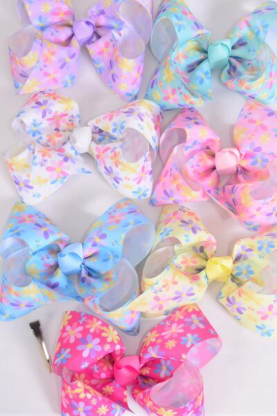 Hair Bow Jumbo Flowers Pastel Grosgrain Bow-tie / 12 pcs Bow = Dozen Alligator Clip , Size - 6" x 5" Wide , 2 White , 2 Pink , 2 Hot Pink , 2 Lavender , 2 Yellow , 1 Blue , 1 Mint Green Color Mix , Clip Strip & UPC Code