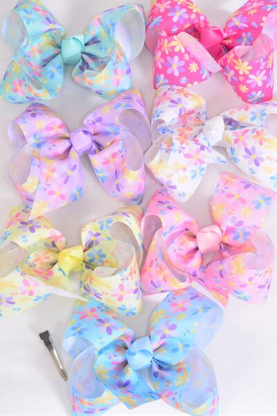 Hair Bow Jumbo Flowers Pastel Grosgrain Bow-tie / 12 pcs Bow = Dozen Alligator Clip , Size - 6" x 5" Wide , 2 White , 2 Pink , 2 Hot Pink , 2 Lavender , 2 Yellow , 1 Blue , 1 Mint Green Color Mix , Clip Strip & UPC Code