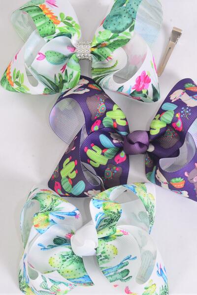 Hair Bow Jumbo Llama Cactus Grosgrain Bow-tie /  12 pcs Bow = Dozen  Alligator Clip , Size - 6" x 5" Wide , 6 Of Each Pattern Asst , Clip Strip & UPC Code