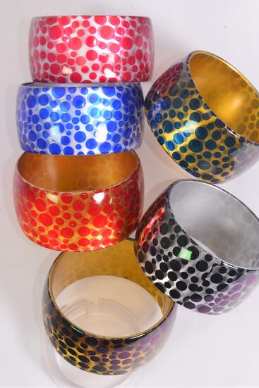 Bracelet Bangle Acrylic Wide Metallic Circle Dot Multi / 12 pcs = Dozen Multi , Size - 2.75" x 1.75" Dia Wide , 2 of each Color Asst , Hang Tag & OPP bag & UPC Code