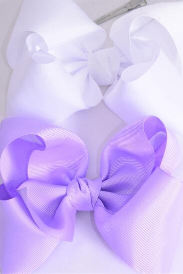 Hair Bow Extra Jumbo Cheer Type Bow Lavender White Mix Grosgrain Bow-tie / 12 pcs Bow = Dozen  Alligator Clip , Size - 8" x 7" Wide , 6 Lavender , 6 White Color Asst , Clip Strip & UPC Code