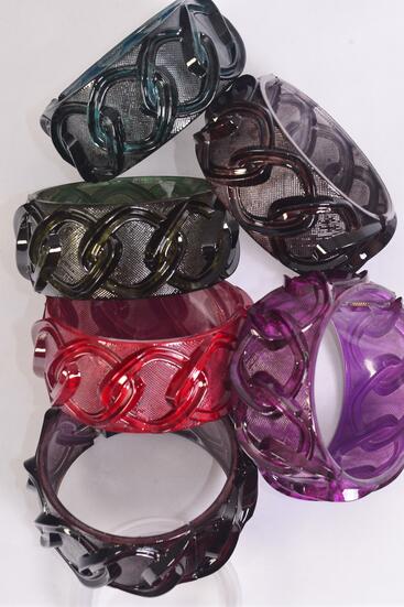 Bracelet Bangle Acrylic Hinge Marble Look Chain Pattern Multi / 12 pcs = Dozen Hinge , Size - 2.75" x 1.5" Dia Wide , 2 Fuchsia , 2 Blue , 2 Burgundy , 2 Huntergreen , 2 Brown , 2 Orange Color Asst , Hang Tag & OPP Bag & UPC Code