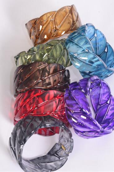 Bracelet Bangle Acrylic Hinge Transparent Foliage Leaf Pattern Multi / 12 pcs = Dozen Multi , Hinge , Size - 2.75" x 1.25" Wide , 2 Brown , 2 Navy , 2 Purple , 2 Burgundy , 2 Black , 1 Olive Color Asst , Hang Tag & OPP Bag & UPC Code