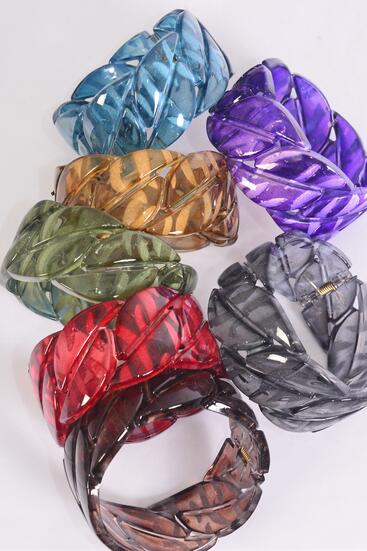 Bracelet Bangle Acrylic Hinge Transparent Foliage Leaf Pattern Multi / 12 pcs = Dozen Multi , Hinge , Size - 2.75" x 1.25" Wide , 2 Brown , 2 Navy , 2 Purple , 2 Burgundy , 2 Black , 1 Olive Color Asst , Hang Tag & OPP Bag & UPC Code