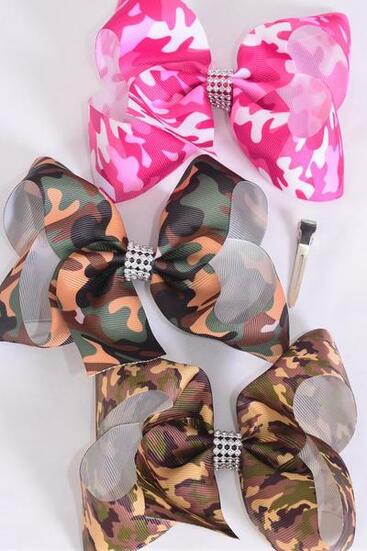 Hair Bow Jumbo Camouflage Grosgrain Bow-tie / 12 pcs Bow = Dozen Camo , Alligator Clip , Size - 6" x 5" Wide , 4 Of each Pattern Asst , Clip Strip & UPC Code