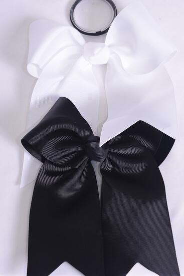 Hair Bow Extra Jumbo Long Tail Cheer Type Bow Elastic cheer Type Bow BLACK White Mix Grosgrain Bow-tie / 12 pcs Bow = Dozen Elastic , Size - 6.5" x 5" Wide , 6 Black , 6 White Mix , Clip Strip & UPC Code