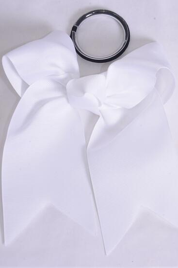 Hair Bow Extra Jumbo Long Tail Cheer Type Bow White Elastic Grosgrain Bow-tie / 12 pcs Bow = Dozen White , Elastic , Size - 6.5" x 6" Wide , Clip Strip & UPC Code