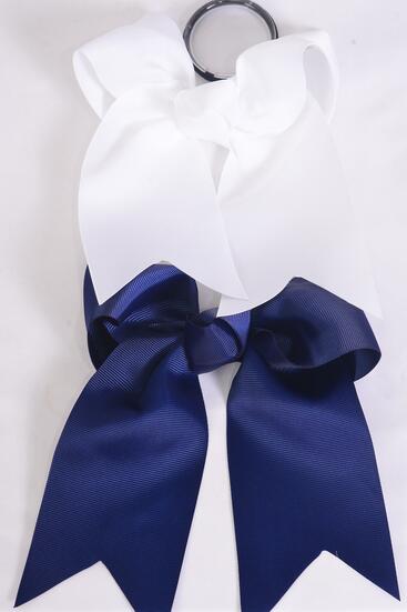 Hair Bow Extra Jumbo Long Tail Cheer Type Bow Elastic Navy White Color Mix Grosgrain Bow-tie / 12 pcs Bow = Dozen  Elastic , Size - 6.5" x 6" , 6 Navy , 6 White Color Asst , Clip Strip & UPC Code