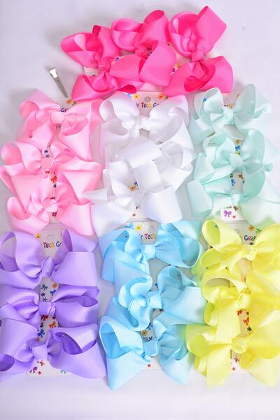 Hair Bows Large 36 pcs Grosgrain Bow-tie Pastel / 12 card = Dozen Alligator Clip , Bow Size - 4" x 3" Wide , 2 White , 2 Yellow , 2 Blue , 2 Pink , 2 Lavender , 1 Hot Pink ,1 Mint Color Asst . 