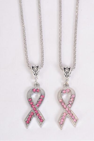 Necklace Chain Pink Ribbon Rhinestone Pendant / 12 pcs = Dozen Match 25033  Pendant - 1.5" x 0.5" Wide , 18" Long , 6 of each Color Asst , Display Card & OPP bag & UPC Code