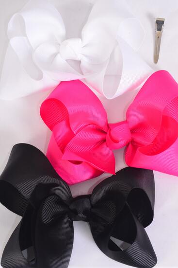 Hair Bow Jumbo Black White Fuchsia Color Mix Grosgrain Bow-tie / 12 pcs = Dozen Alligator Clip , Size - 6" x 5" Wide , 4 Black 4 White , 4 Fuchsia Color Asst , Clip Strip & UPC Code . 